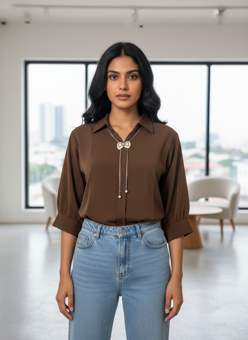 Women’s Brown Solid Casual Top - Image 2