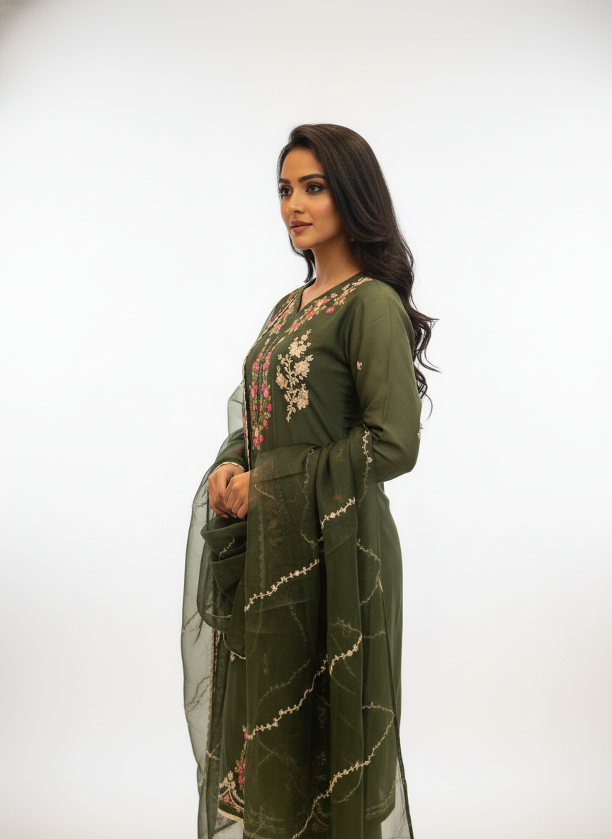 Green Pure Georgette Straight Suit with Thread Embroidery - Image 4