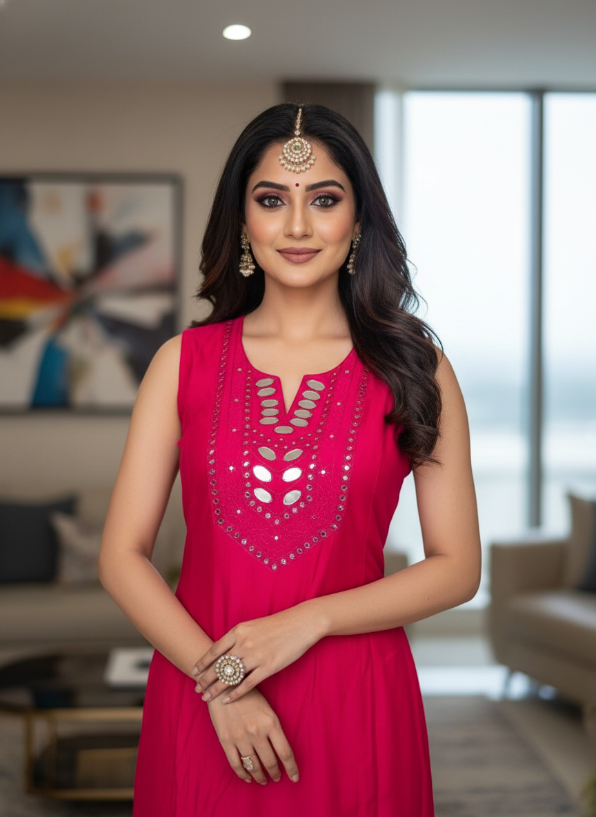 Pink Cotton Silk Long A-Line Kurta with Mirror Work & Tie-Back Detail - Image 7