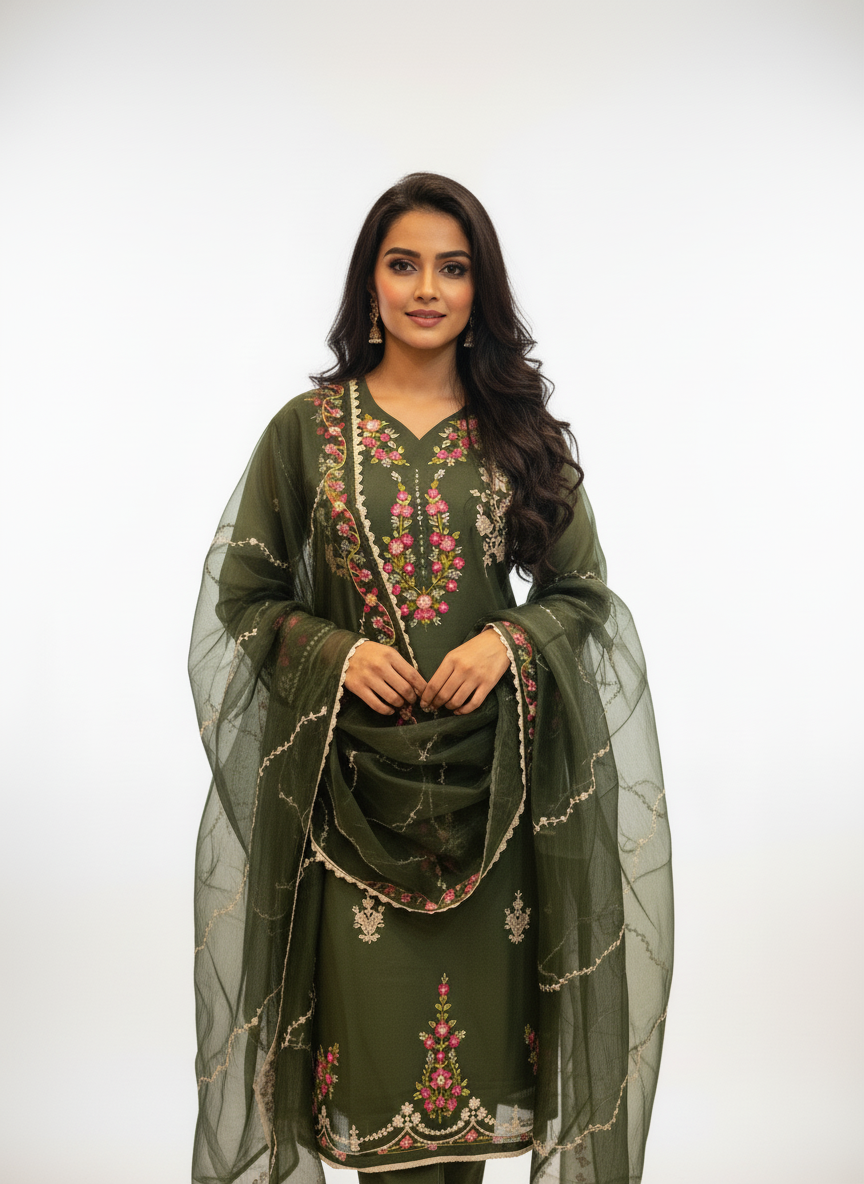 Green Pure Georgette Straight Suit with Thread Embroidery - Image 3