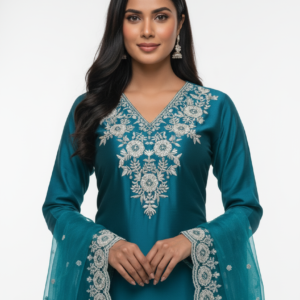 Rama Green Muslin Straight Suit with Thread Embroidery & Organza Dupatta