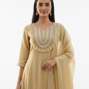 Lemon Yellow Silk Anarkali Suit with Gotta Mirror Work & Mul Chanderi Dupatta