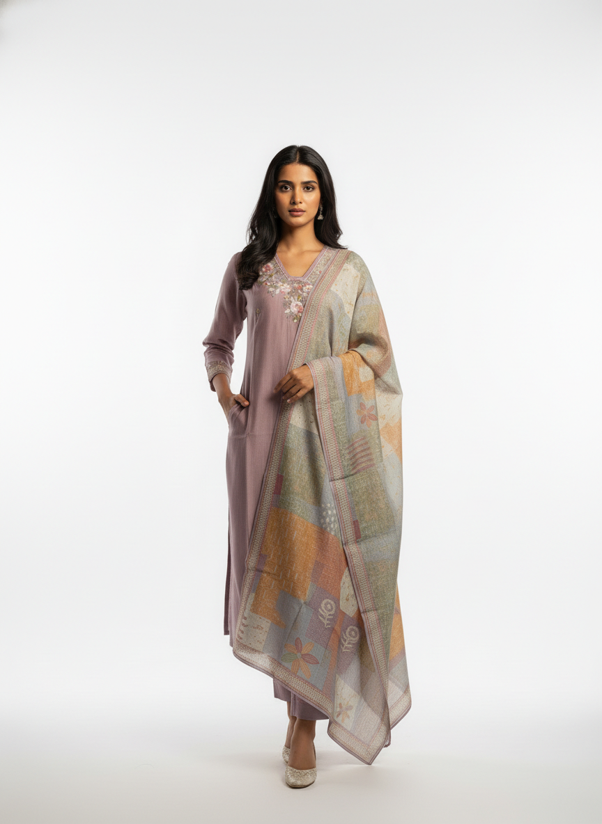Mauve Embroidered Kurta Set with Printed Dupatta for Women - Image 2