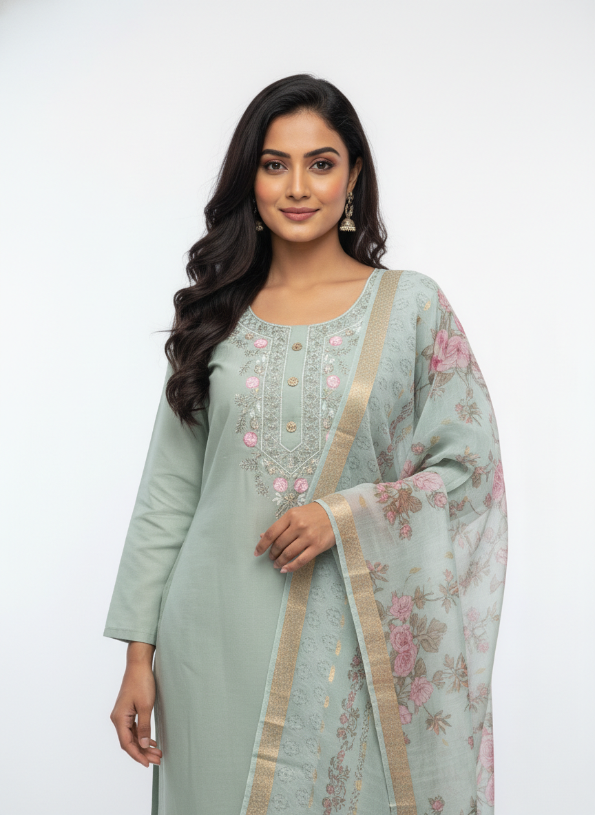 Mint Green Embroidered Kurta Set with Floral Printed Dupatta - Image 3