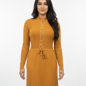Women’s Mustard Ribbed Knit Dress with Button Placket & Waist Tie