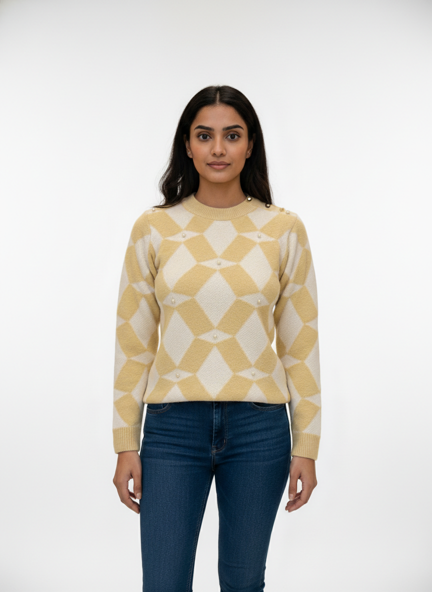 Argyle Knit Pearl-Detail Sweater for Women - Image 3