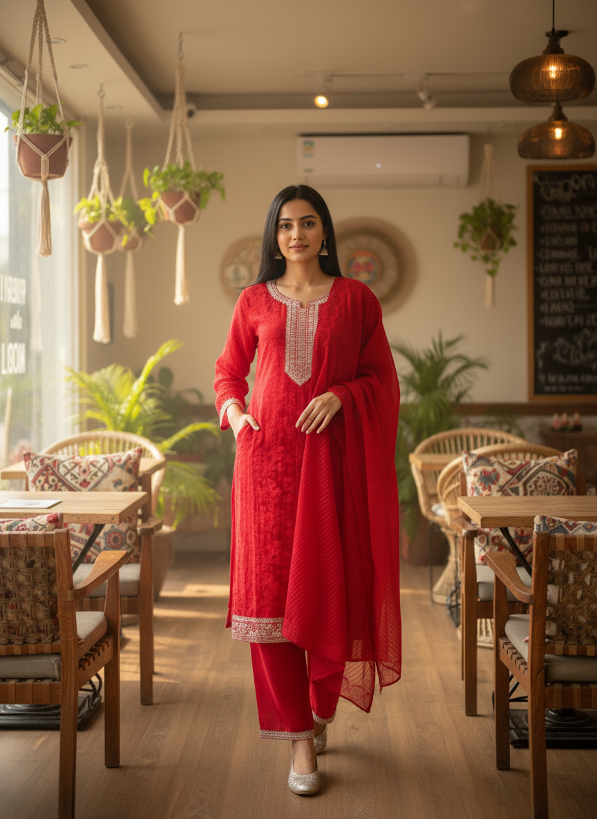 Elegant Red Embroidered Kurta Set with Matching Dupatta - Image 2