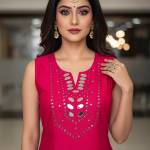 Pink Cotton Silk Long A-Line Kurta with Mirror Work & Tie-Back Detail