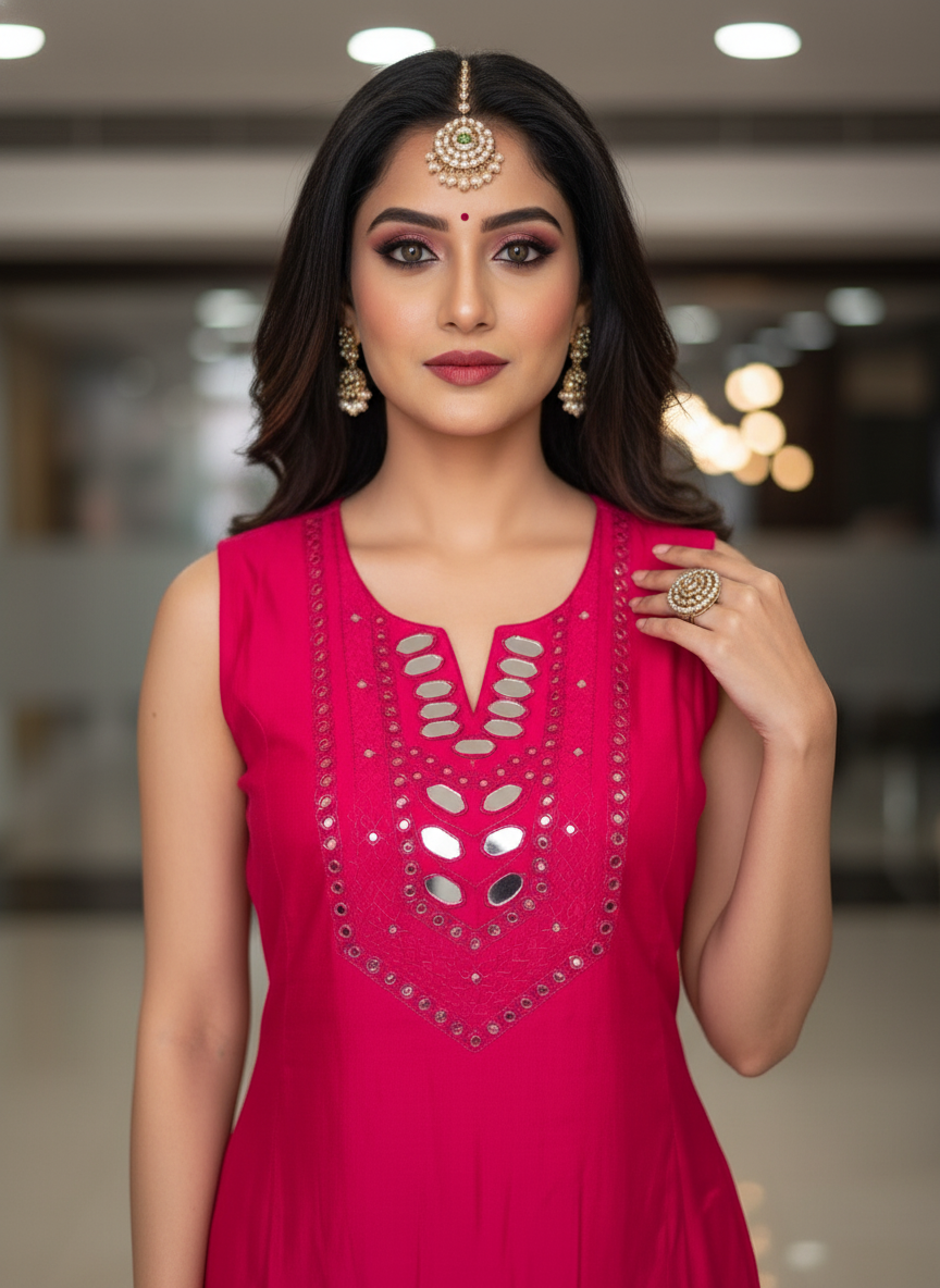 Pink Cotton Silk Long A-Line Kurta with Mirror Work & Tie-Back Detail