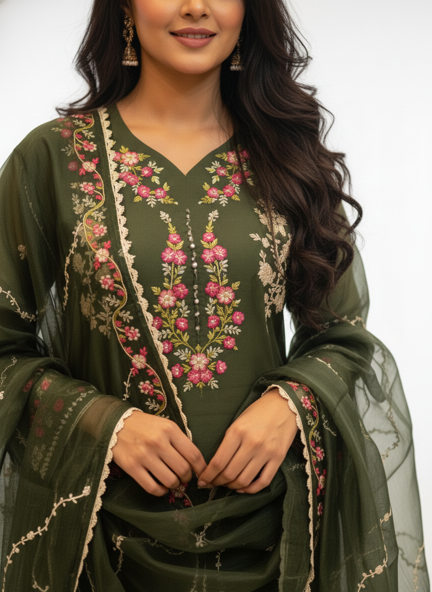 Green Pure Georgette Straight Suit with Thread Embroidery - Image 2