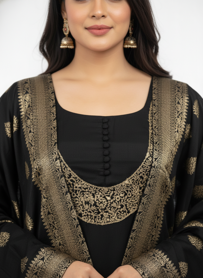 Black Kurta Pant Dupatta Set with Gold Woven Borde - Image 2