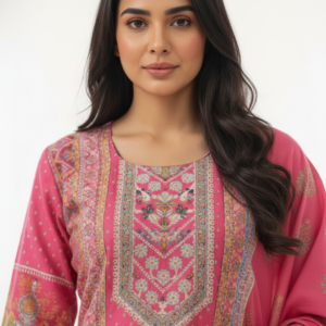 Pink Printed Kurta Set with Embellished Yoke & Matching Dupatta for Women