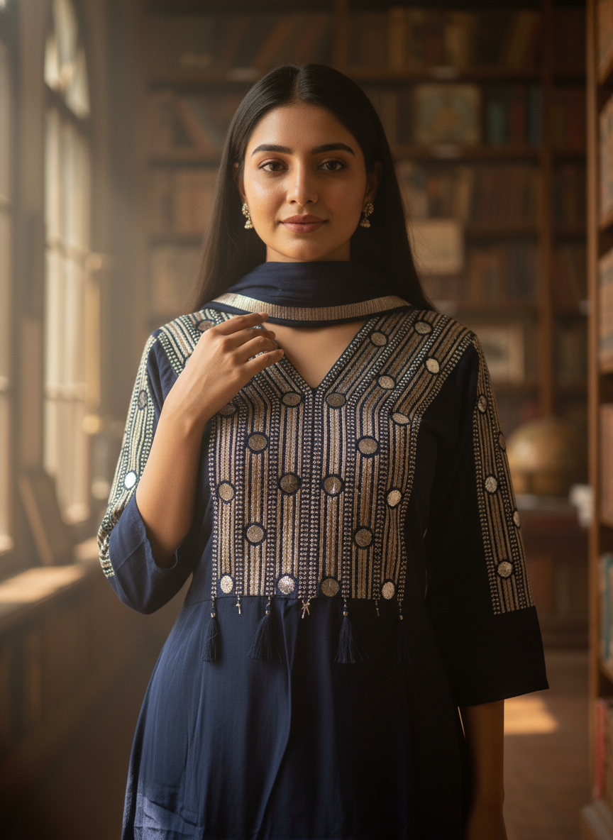 Navy Blue Crepe Straight Suit with Mirror Work & Chiffon Dupatta for Women - Image 4