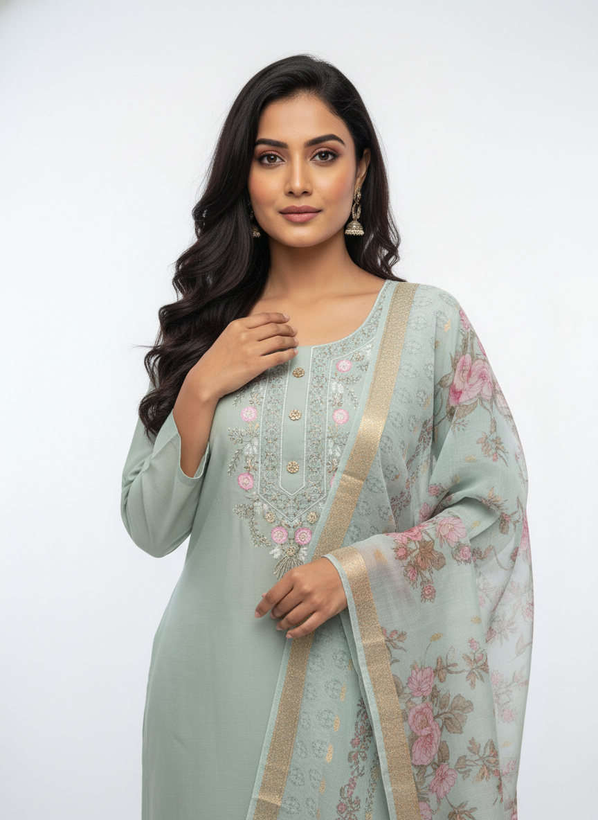 Mint Green Embroidered Kurta Set with Floral Printed Dupatta - Image 2