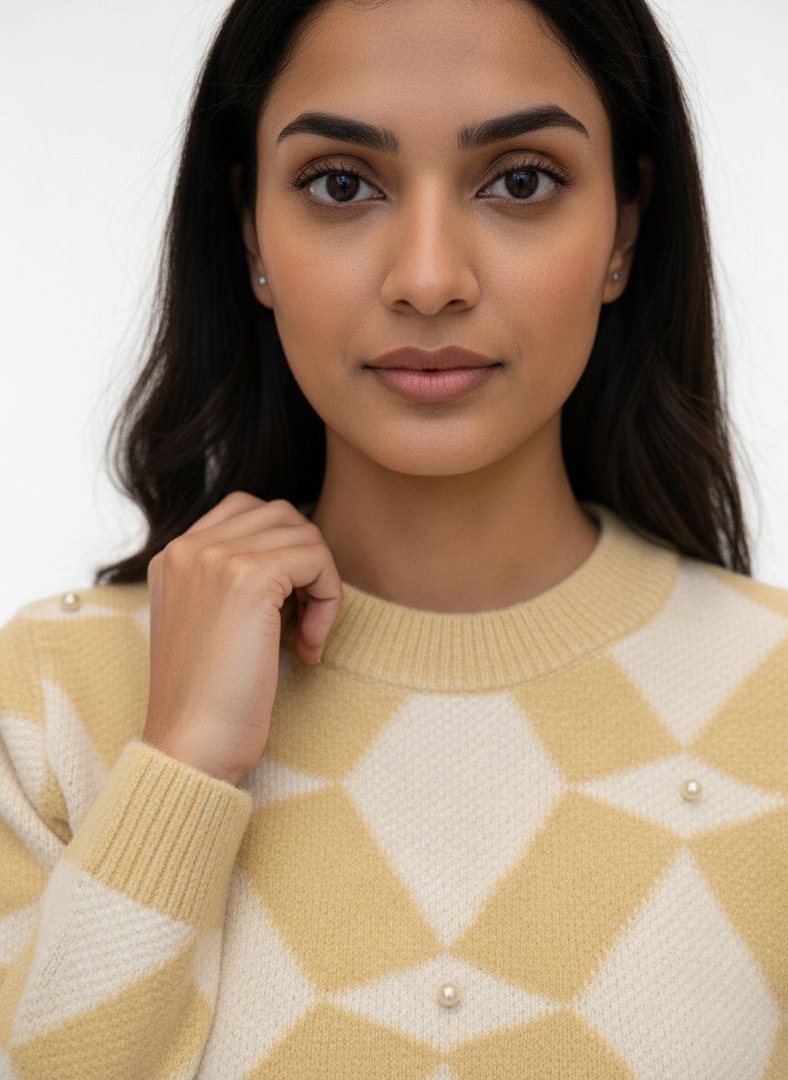 Argyle Knit Pearl-Detail Sweater for Women - Image 2