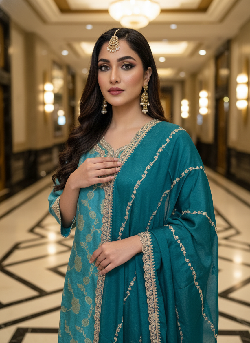 Teal Blue Embroidered Kurta Set with Palazzo & Dupatta - Image 2