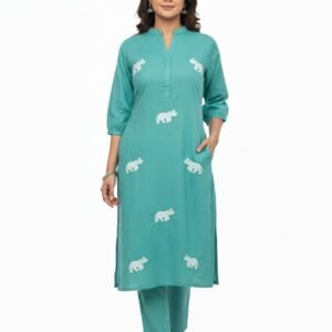 Teal Blue Elephant Print Cotton Kurta Set for Women with Straight Pants
