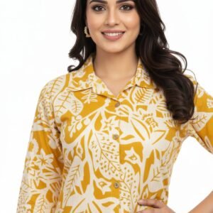 Mustard Khaddi Cotton Long Co-ord Set for Women with Shirt Collar