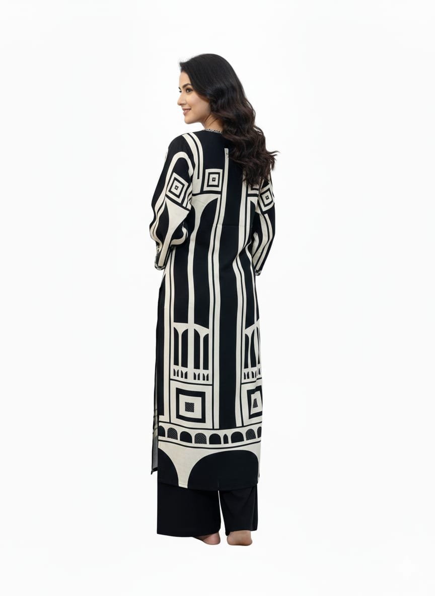 Black Heavy Rayon Printed Long Co-Ord Set with V-Neck Sequence Work & Loose Pant - Image 4