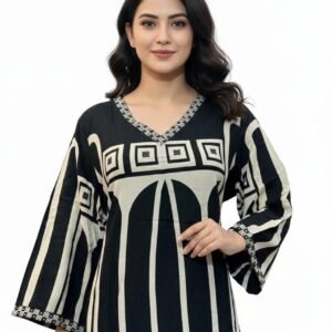 Black Heavy Rayon Printed Long Co-Ord Set with V-Neck Sequence Work & Loose Pant