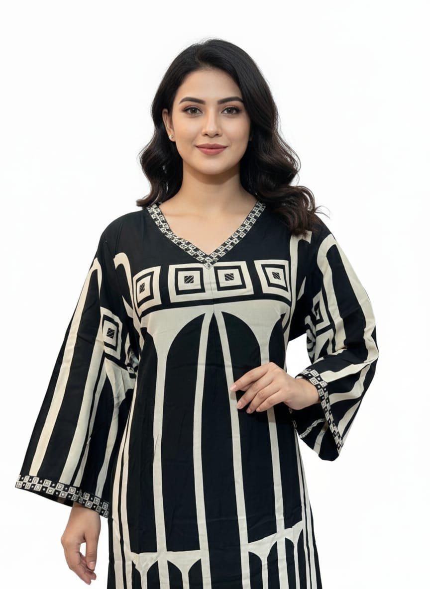 Black Heavy Rayon Printed Long Co-Ord Set with V-Neck Sequence Work & Loose Pant