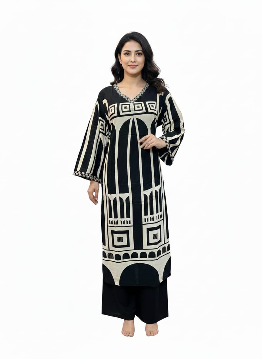 Black Heavy Rayon Printed Long Co-Ord Set with V-Neck Sequence Work & Loose Pant - Image 3