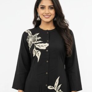 Black Printed Rayon Long Co-Ord Set with Stand CollarBlack