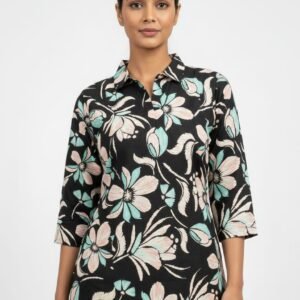 Black Floral Printed Rayon Cotton Co-Ord Set for Women