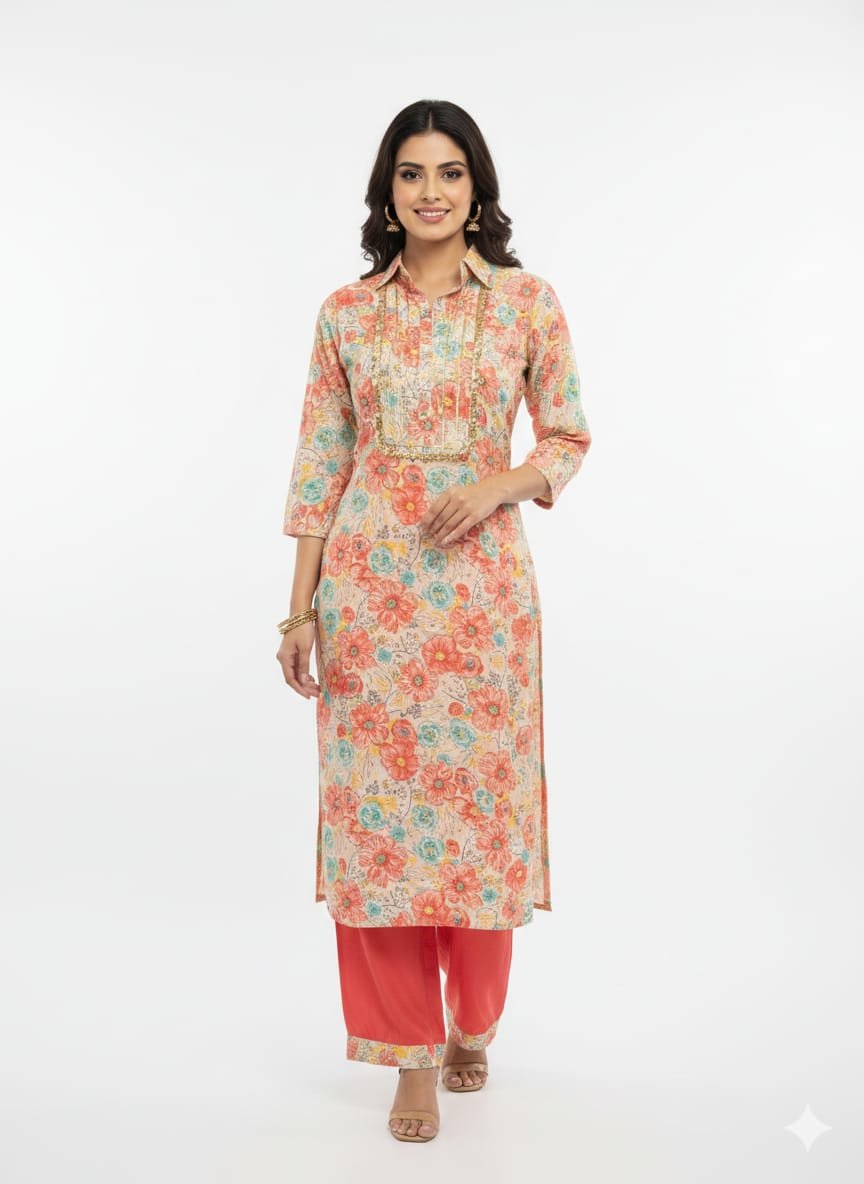 Rayon Printed Long Co-Ord Set with Afghani Salwar for Women - Image 2