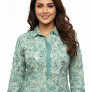 Muslin Printed Short Co-Ord Set for Women with Neckline Work