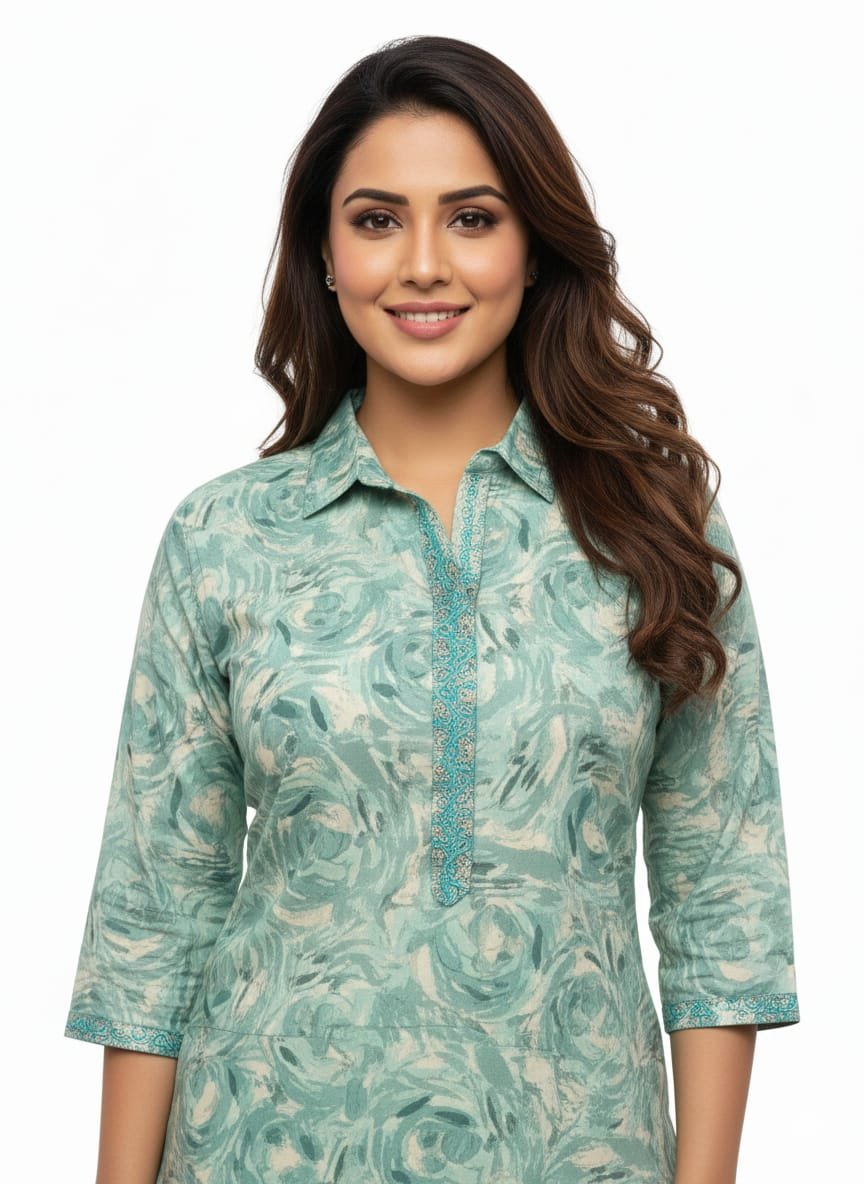 Muslin Printed Short Co-Ord Set for Women with Neckline Work