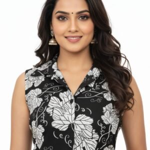 Black Rayon Cotton Printed Sleeveless Long Co-Ord Set for Women
