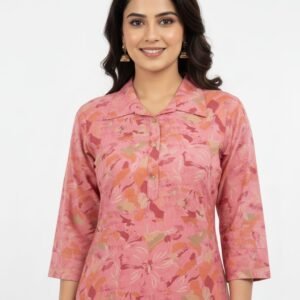 Pink Rayon Printed Long Co-Ord Set with Shirt Collar