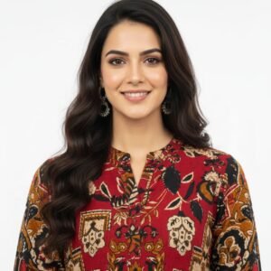 Maroon Rayon Printed Long Co-Ord Set with Loose Pant