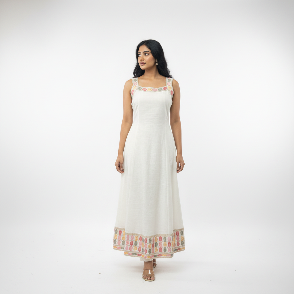 White Anarkali Style Kurta with Multicolor Dupatta - Image 7