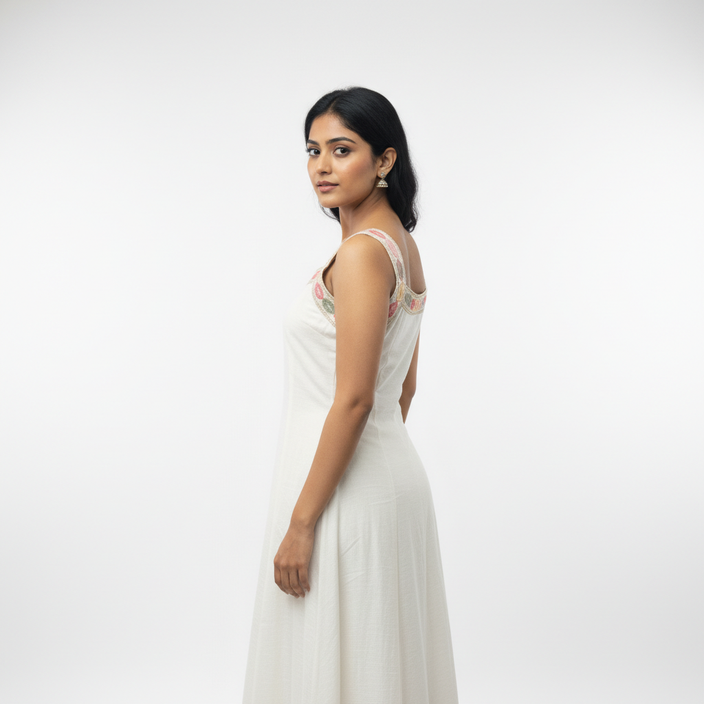 White Anarkali Style Kurta with Multicolor Dupatta - Image 6