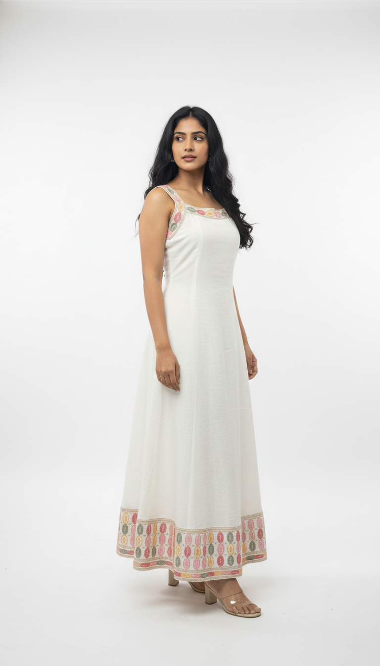 White Anarkali Style Kurta with Multicolor Dupatta - Image 4