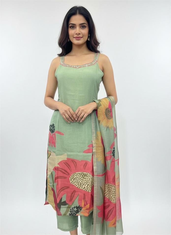 Sage Green Floral Printed Kurta Set with Dupatta for Women - Image 4