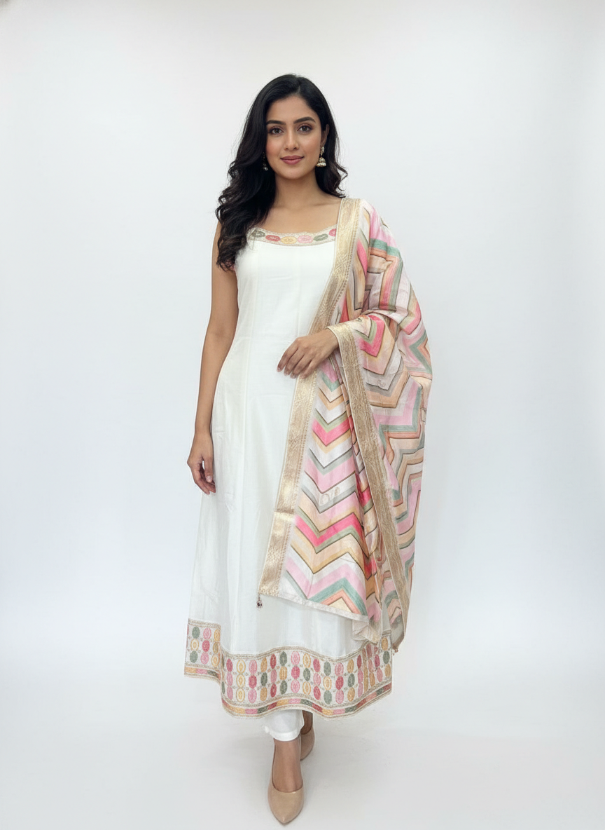 White Anarkali Style Kurta with Multicolor Dupatta - Image 3