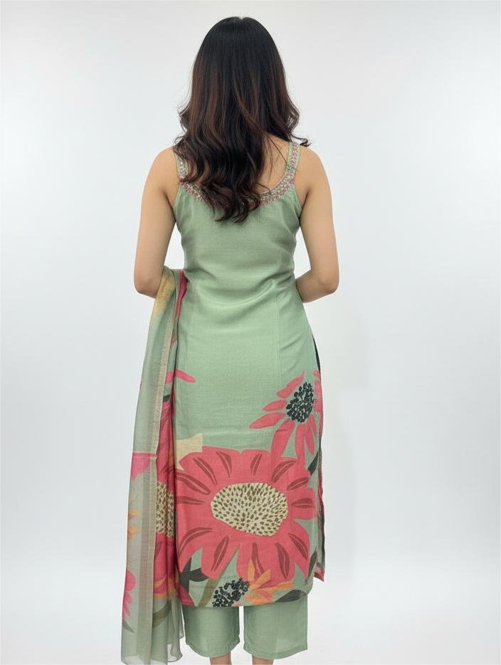 Sage Green Floral Printed Kurta Set with Dupatta for Women - Image 5