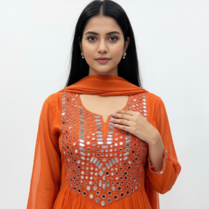 Orange Mirror Work Anarkali Kurta Set with Dupatta for Women