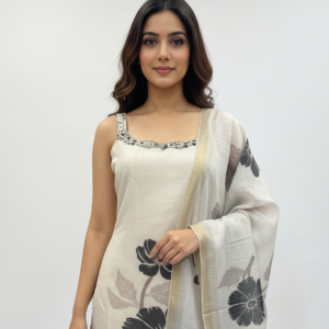 Beige Floral Printed Cotton Kurta Set with Dupatta for Women