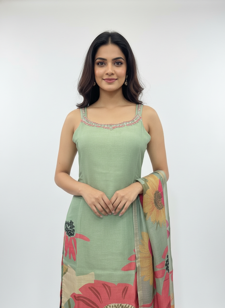 Sage Green Floral Printed Kurta Set with Dupatta for Women - Image 3