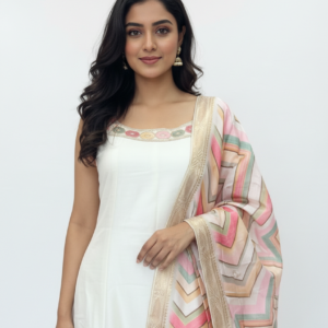 White Anarkali Style Kurta with Multicolor Dupatta