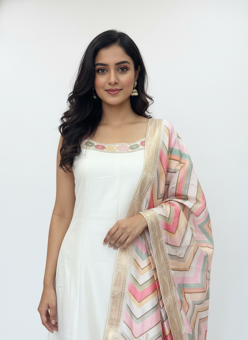 White Anarkali Style Kurta with Multicolor Dupatta
