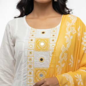 Sunshine Yellow & White Embroidered Cotton Kurta Set with Printed Dupatta for Women