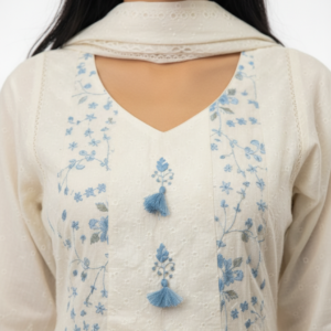 Cream Cotton Kurta Set with Blue Floral Embroidery