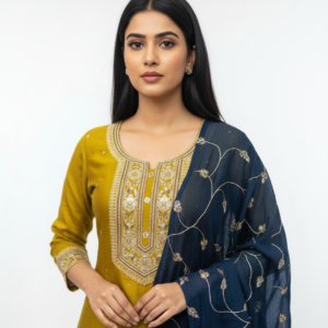 Mustard Yellow Embroidered Kurta Set with Navy Blue Dupatta for Women