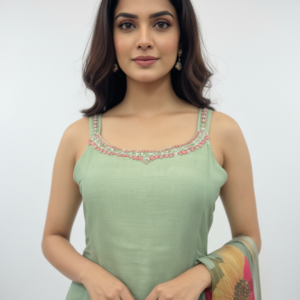 Sage Green Floral Printed Kurta Set with Dupatta for Women