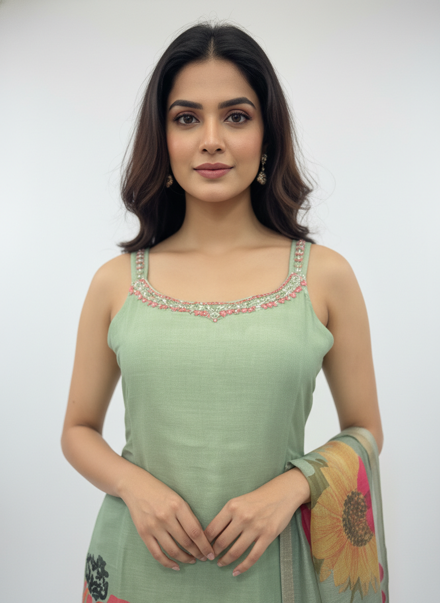 Sage Green Floral Printed Kurta Set with Dupatta for Women